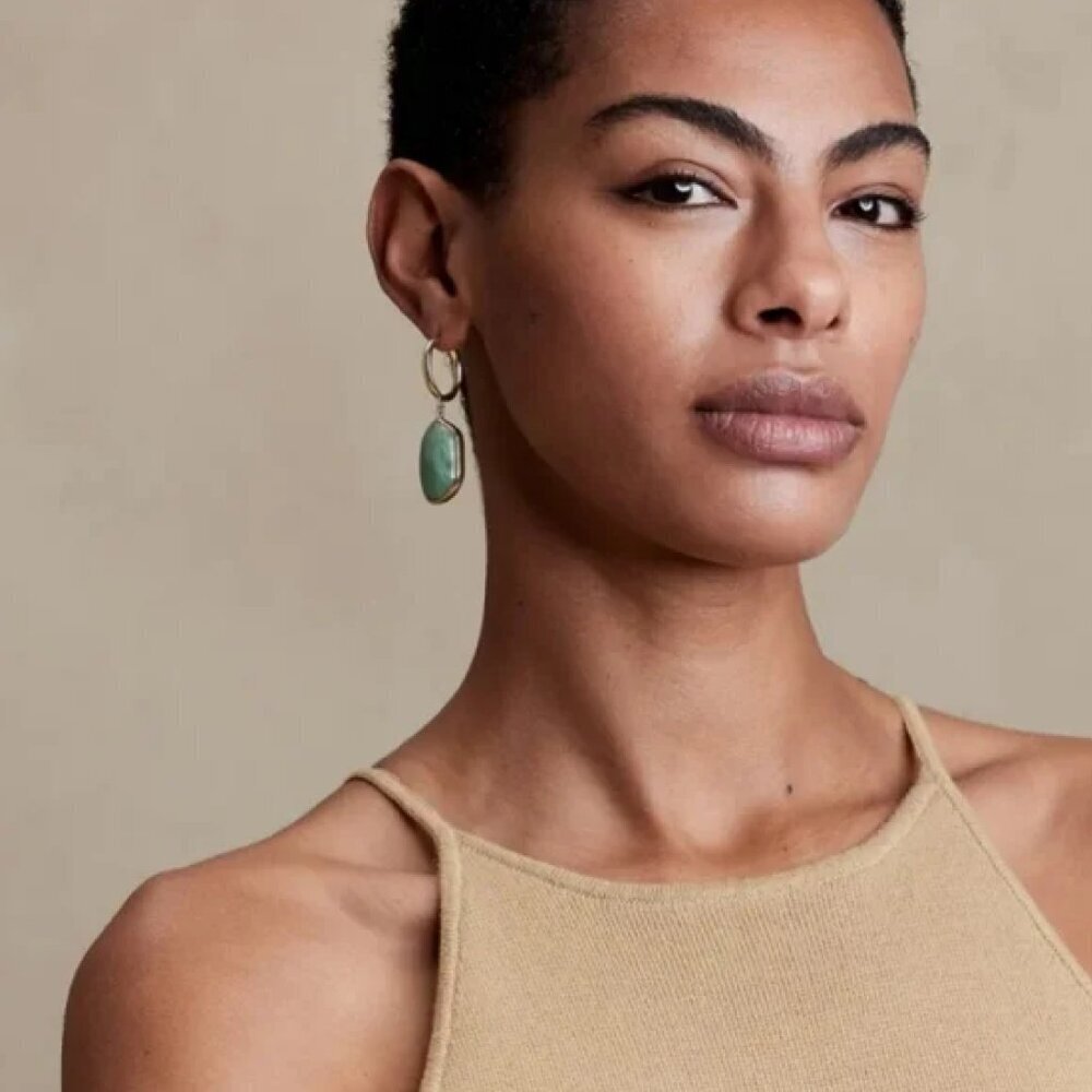 Banana‎ Republic Jade Hoop Earrings Natural Stone Gold Bronze